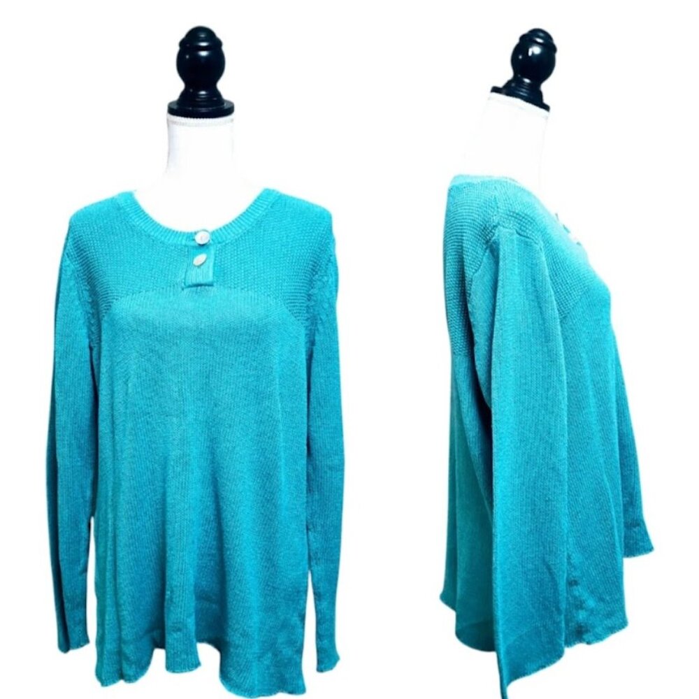 SOFT SURROUNDINGS Sweater, Teal Blue Cotton Linen Long Sleeve Knit Buttons, 1X